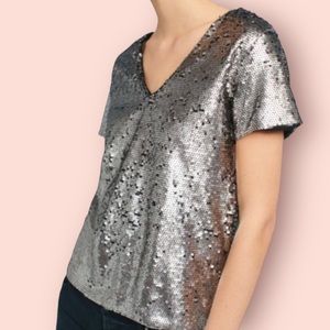 Anthropologie Vanessa Virginia Silver Sequin Boxy Tee Top XS